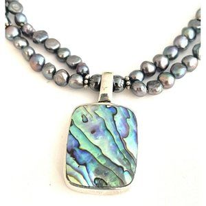 Black Pearl Freshwater Double Strand Abalone Sterling Silver Artisan Necklace